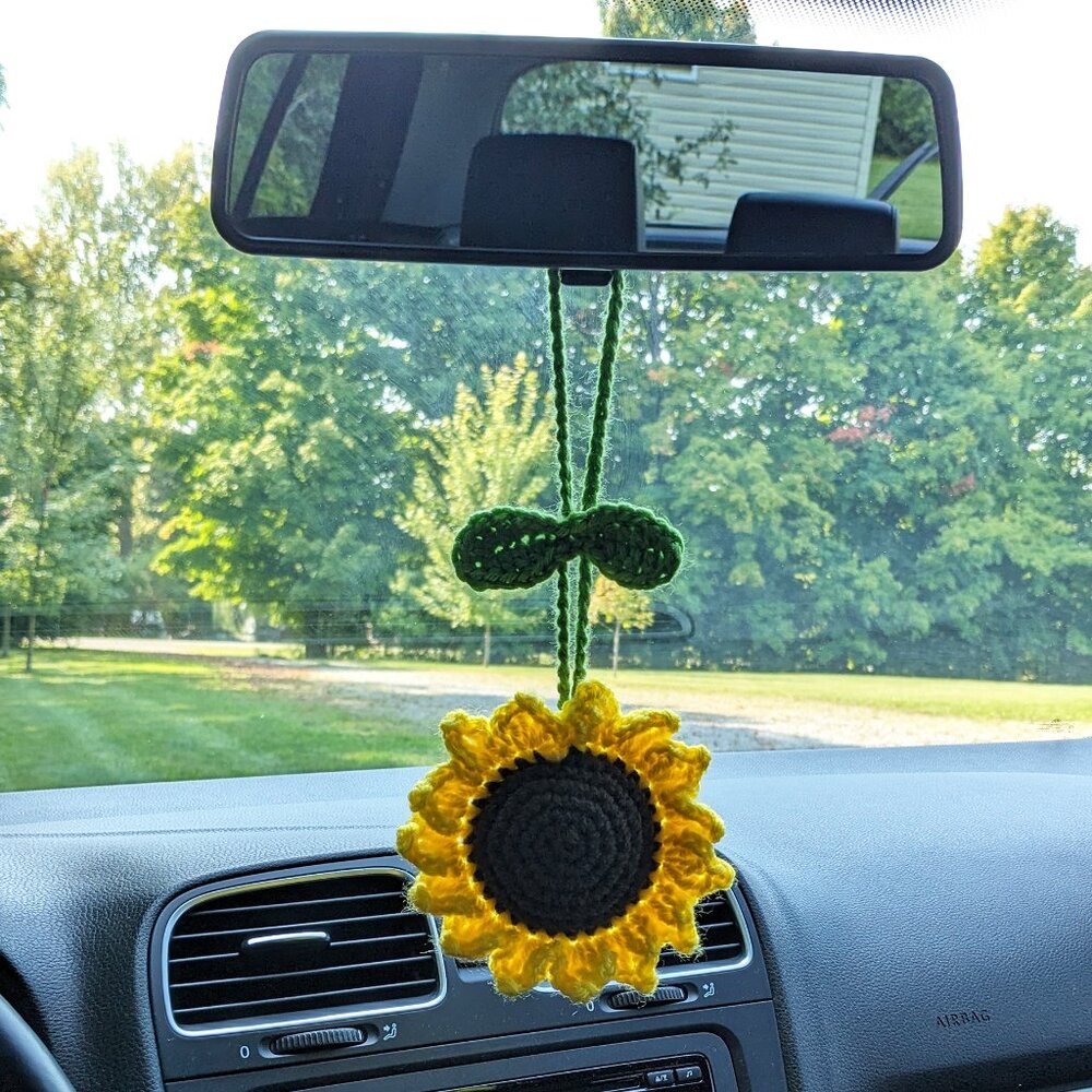 Crochet Sunflower Car Mirror Hanging Charm | Crochet Hanging Accessory - Picture 7 of 11